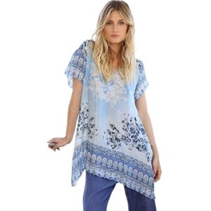 Women's Johnny Was 100% Silk Blue Tunic Top Sz Small